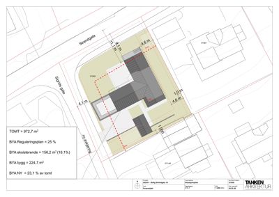 Situasjonsplan som viser tomtens grenser, nabobebyggelse, bygningers plassering og arealdata (BYA).