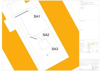 Situasjonsplan som viser tomtens form, bygningers plassering (SA1, SA2, SA3) og omgivelsers forhold.