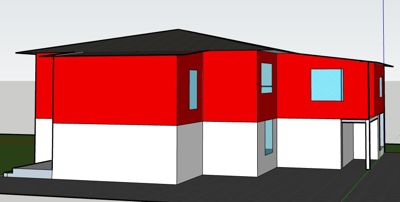 3D-visualisering av en toetasjes bygning med rød og hvit fasade.