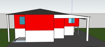 3D-visualisering av en bygning med røde og hvite fasader, et tak og en carport.