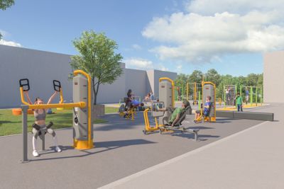 3D-visualisering av et utendørs treningsområde med utstyr og personer.