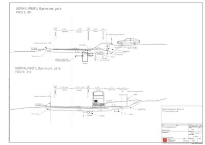 Tegninger som viser normalprofiler (tverrsnitt) av Bjørnsons gate, med detaljer om høyder, nivåer og infrastruktur.