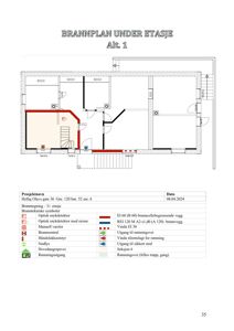 Brannplan for underetasjen (Alt. 1) med romfordeling, utgangsplasseringer og brannsikringstiltak.