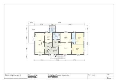 Etasjeplan (Plan 1) for en firemannsbolig med romfordeling, mål og arealoppdelinger.