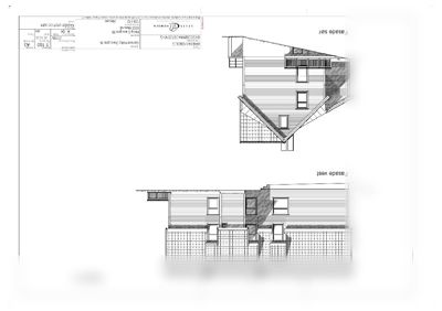 Tegning som viser fasadeopprikk for bygningen sett fra vest og sør.