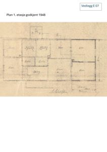 Plantegning av 1. etasje fra en byggesak godkjent i 1948. Tegningen viser romfordeling med merking for 'Vær', 'Gang', 'Entré' og 'Kjøkken'.