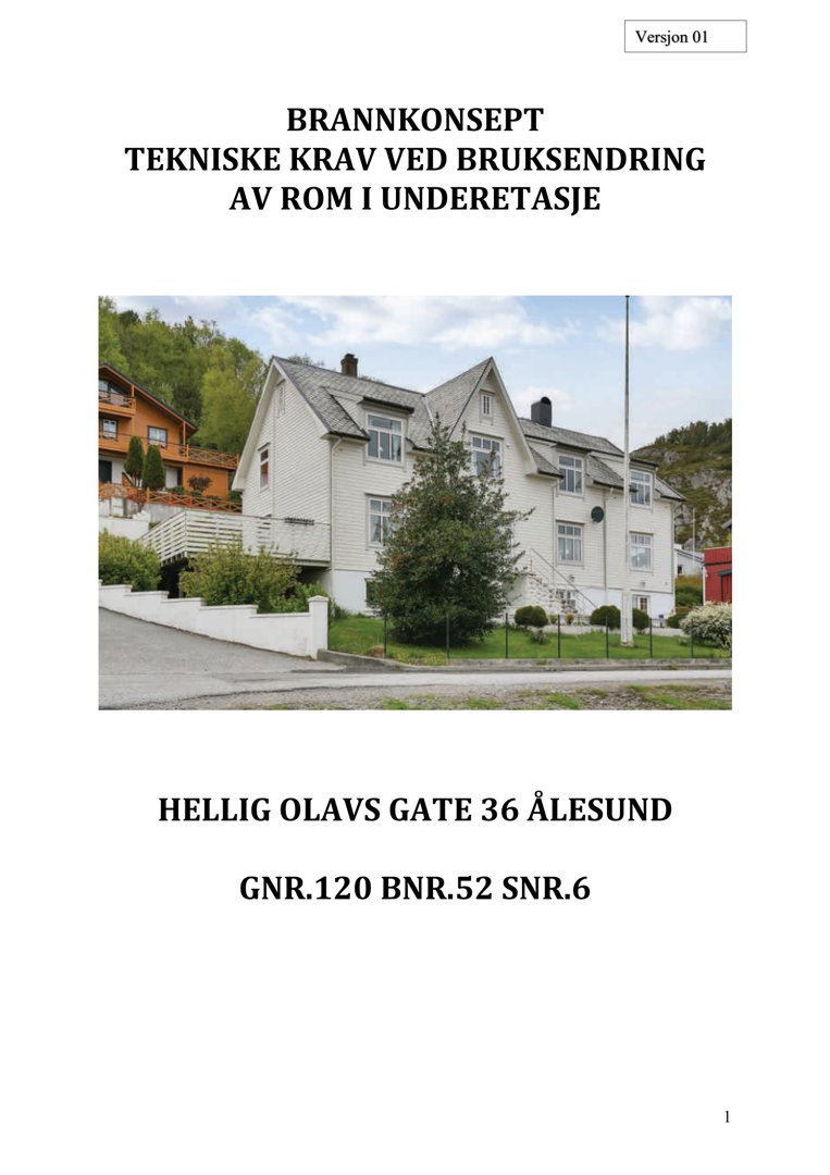 Fotografi av en hvit villa med grå tak, beliggende i et grønt område. Bildet er brukt som illustrasjon på forsiden av et dokument om brannkonsept.