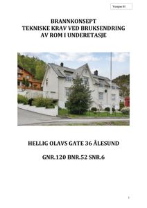 Fotografi av en hvit villa med grå tak, beliggende i et grønt område. Bildet er brukt som illustrasjon på forsiden av et dokument om brannkonsept.