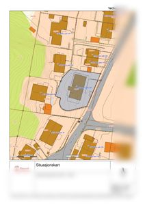 Situasjonskart som viser bygningens plassering i forhold til nabolag, veier og terrengforhold.