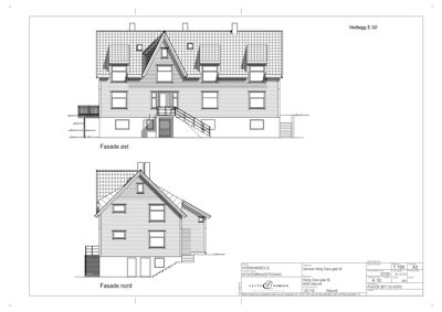 Tegning som viser fasadeopprikk for bygningen sett fra øst og nord.