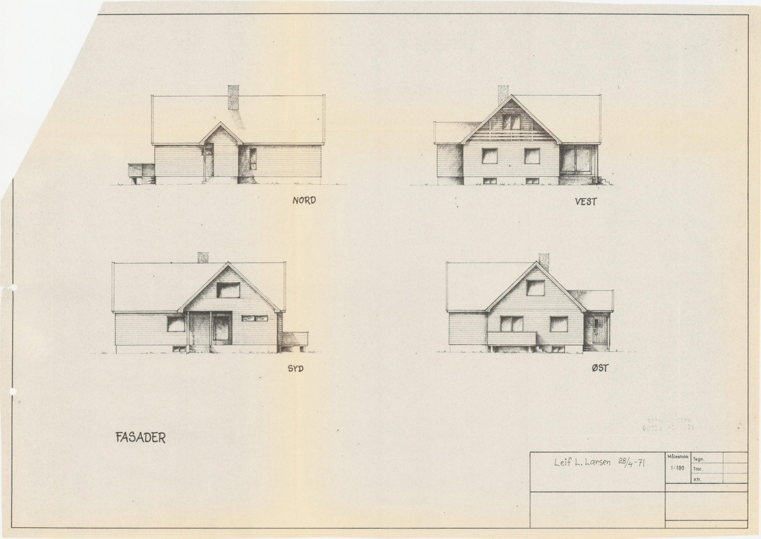 Fasadetegning som viser bygningens utsyn fra alle fire sider (Nord, Vest, Syd, Øst).