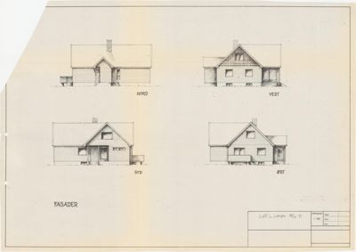 Fasadetegning som viser bygningens utsyn fra alle fire sider (Nord, Vest, Syd, Øst).