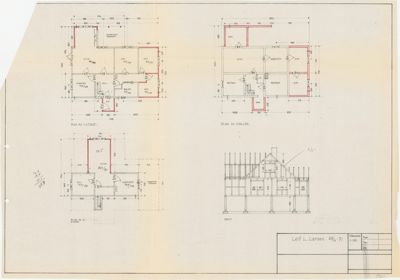 Arkitekttegning som viser etasjeplaner (1. etasje, 2. etasje, kjeller) og et snitt av en bygning.
