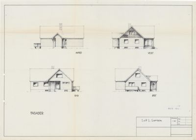 Fasadetegning som viser bygningens utsyn fra fire sider: Nord, Vest, Sør og Øst.