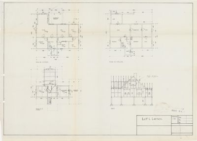 Arkitekttegning som viser etasjeplaner (1. etasje, keller, 2. etasje) og et snitt av en bygning.