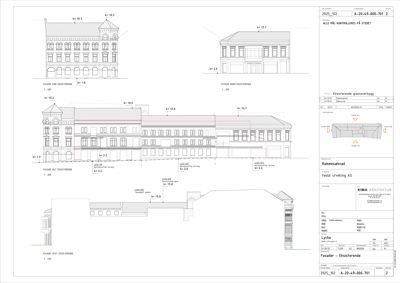 Fasadetegning som viser oppriss av bygningens ytre utseende fra flere vinkler (vest, nord og syd).