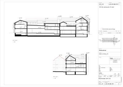 Snittegning som viser tverrsnitt gjennom en eksisterende bygning med høydemål og romfordeling.