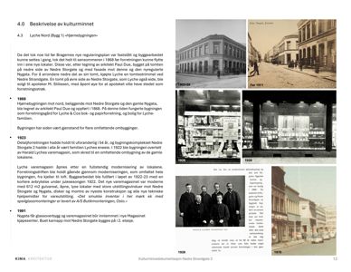 Bildet viser en historisk dokumentasjon av Lyches forretningslokaler i Nedre Storgate. Det inneholder flere svart-hvitt-fotografier fra ulike tidspunkter (1903-08, før 1911, 1926, 1970) som illustrerer bygningens utseende og innredning gjennom tidene.