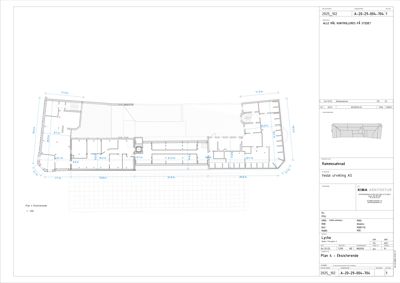 Etasjeplan (Plan 4 - Eksisterende) som viser romfordeling og mål for et eksisterende bygg.