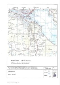 Oversiktskart over Drammen med topografiske detaljer, koordinater og utgiver (NGI).