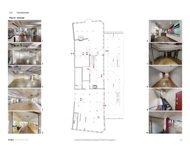 Et sammensatt bilde (collage) som viser en planlegning ('Plan 2 - Interier') i midten, omgitt av ti fotografier (1-10) av interiøret. Bildet er et dokument fra en byggesak.