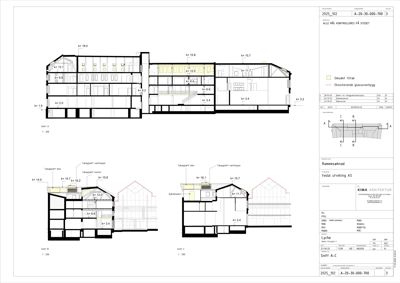 Snittegning (Snitt A-C) som viser bygningens tverrsnitt, høyder og romfordeling.