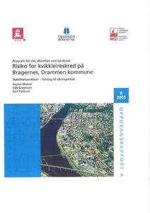 Fotografi (flyfoto) av Bragernes i Drammen kommune, som viser bygningsmasse, elv og broer.