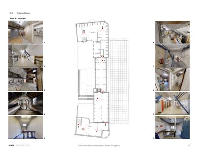 Et sammensatt bilde som viser en sentral plantegning (Plan 4 - Interiør) omgitt av ti nummererte interiørfotografier.