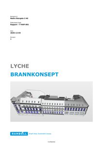 3D-visualisering av en bygning (LYCHE) sett fra et vinklet perspektiv, som viser fasade og takform.