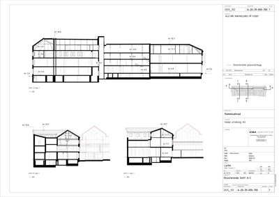 Snittegning (Snitt A-C) som viser bygningens tverrsnitt, høyder og konstruksjon.