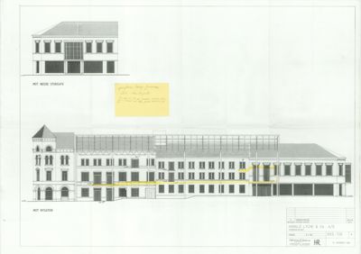 Fasadetegning som viser bygningens utseende sett fra to ulike vinkler (mot Nedre Storgate og mot Nygaten).