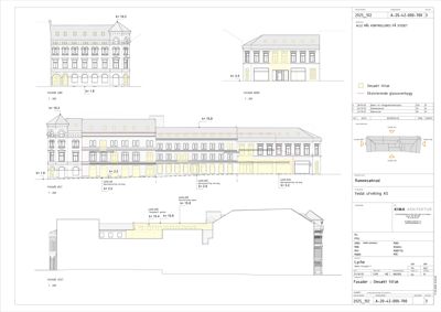 Fasadetegning som viser oppriss av bygningens ytre utseende med detaljer om vinduer, dører og fasadeforhold.