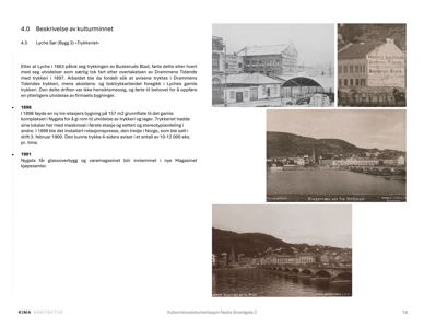 Historiske svart-hvitt-fotografier av en bygning (Lychen) og omgivelsene, inkludert etasjeplaner og utsikt over elv.