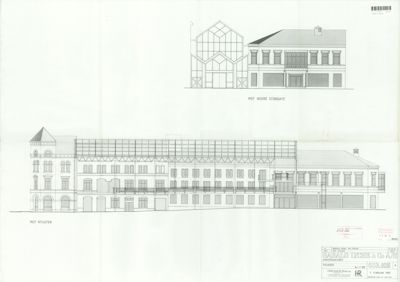 Fasadetegning som viser bygningens utseende sett fra to ulike vinkler (mot Nygaten og mot Nedre Storgate).
