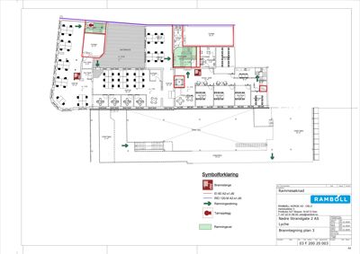 En brannsikringstegning (branntegning) som viser romfordeling, utstyr og ramninger for etasjen 3.