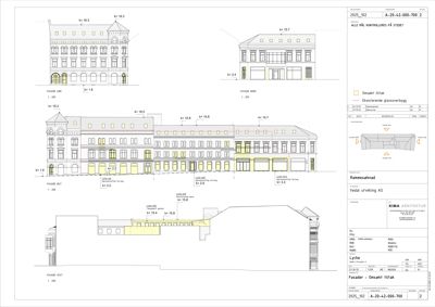 Fasadetegning som viser bygningens ytre utseende, vinduer og arkitektoniske detaljer.