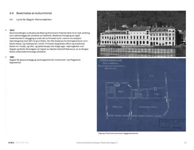 Et svart-hvitt fotografi av en bygning (Lychen Sør) med en håndtegnet etasjeplan under bygningen.