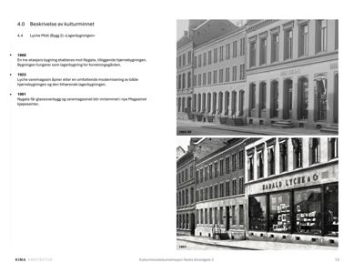 To historiske svart-hvitt-fotografier av en bygning (Lagerbygningen) fra 1903 og 1951, inkludert tekstbeskrivelse av bygningens historie.