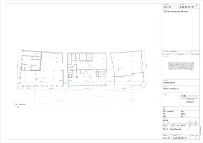 Etasjeplan (Plan 1) som viser romfordeling, vegger og dimensjoner for en eksisterende bygning.