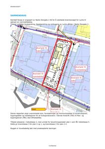 Situasjonsplan som viser bygningens plassering på tomten, avstander til naboer og infrastruktur (vannledning), samt tiltaket markert med rød linje.