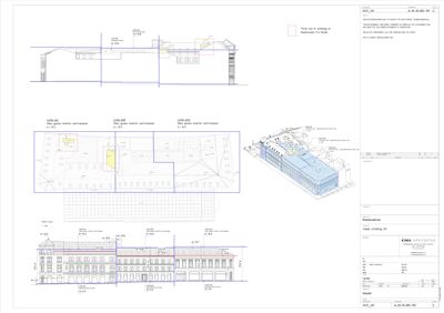 Bildet viser en fasadetekning (opprikk) av en bygning sett fra siden, med detaljer om vinduer og dører.