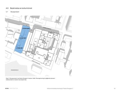 Situasjonskart som viser bygningenes plassering i forhold til gater (Nedre Storgate, Nedre Strandgate) og Drammenselva. Kartet viser også planavgrensning og nabokvartal.