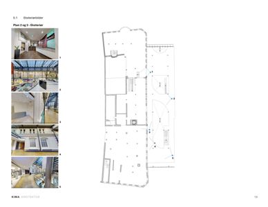 Etasjeplan (Plan 2 og 3) med romfordeling og utvendige vinkler (eksterier) merket med tall.