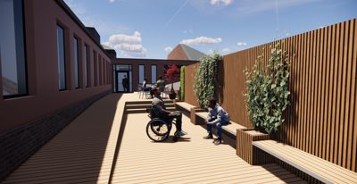 3D-visualisering av en uteplass eller terrasse med møbler, planter og personer.