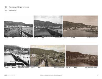 En side med historiske svart-hvitt-fotografier av en bro og bymiljøet i Drammen fra slutten av 1800-tallet og begynnelsen av 1900-tallet.