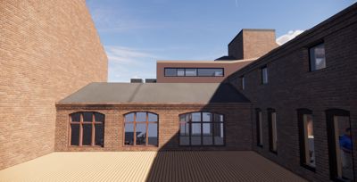 3D-visualisering av en arkitektonisk utforming, sannsynligvis et nytt tilbygg eller ombygging i en eksisterende bygning.