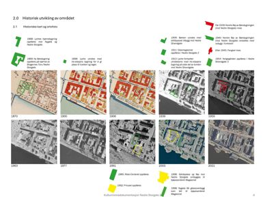 Historiske kart og ortofoto fra 1870 til 2021 som viser utviklingen av et område.