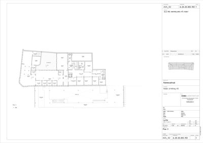 Etasjeplan (Plan 3) som viser romfordeling, veggposisjon og innredning for et hus.