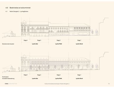 Bildet viser to fasadetegninger (opprikk) av en rekkebygning. Øverste tegning viser eksisterende fasade, mens nederste viser en illustrasjon av foreslått tilbakeføring. Bygningene er nummerert og navngitt (Bygg 1-4, Lyche Sør/Midt/Nord).