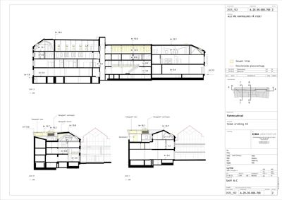 Snittegning (Snitt A-C) som viser bygningens tverrsnitt, høyder og konstruksjon.
